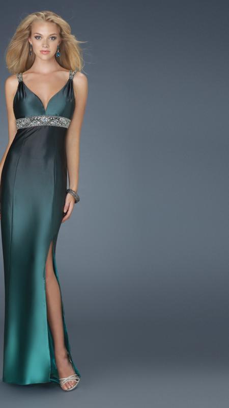 La Femme - V-Neck Long Dress with Beaded Waist and Straps 14456 in Green