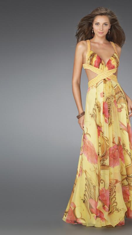 La Femme - Long Printed Dress with Cut Outs 14529 in Yellow