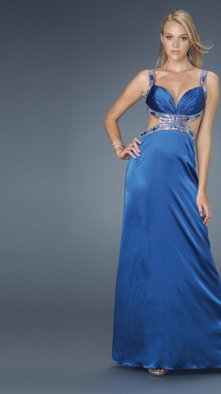 La Femme - 14572 Embellished Straps and Waistline with Side Cutouts Evening Dress In Blue