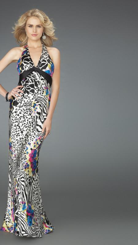 La Femme - Animal Printed Evening Long Gown 14587 In Black and White