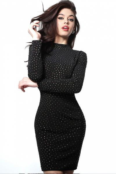 Jovani - 1460 Embellished High Neck Long Sleeve Sheath Dress In Black