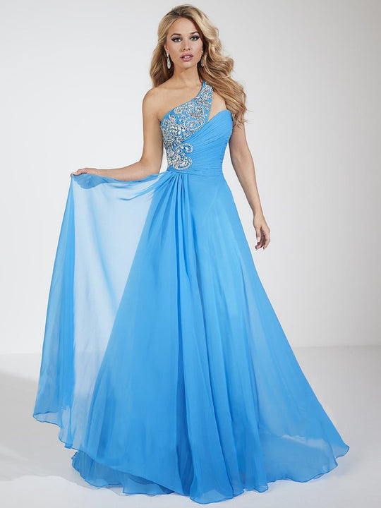 Panoply - Glittering Rhinestones and Beads Embellished One Shoulder Silky Chiffon Long Gown 14622 In Blue and Multi-Color
