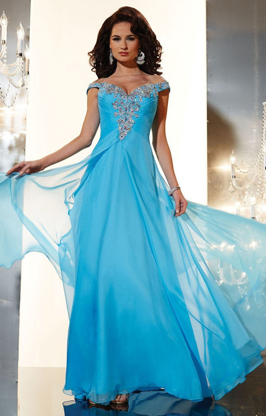Panoply - 14636 Bedazzled Off Shoulder A-line Dress In Blue
