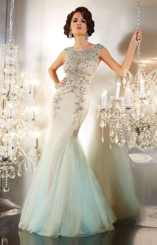 Panoply - 14647 Bateau Embellished Tulle Evening Gown In Blue and Neutral