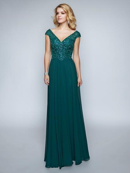 Nina Canacci - 1465 V Neckline Beaded Embellished Evening Gown In Green