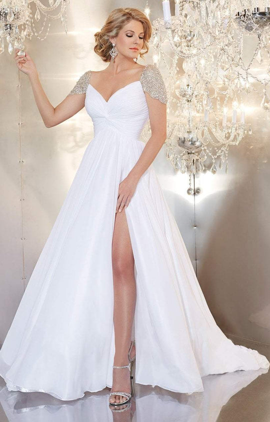 Panoply - 14660S Crystal Cap Sleeve Twisted Bodice Gown In White
