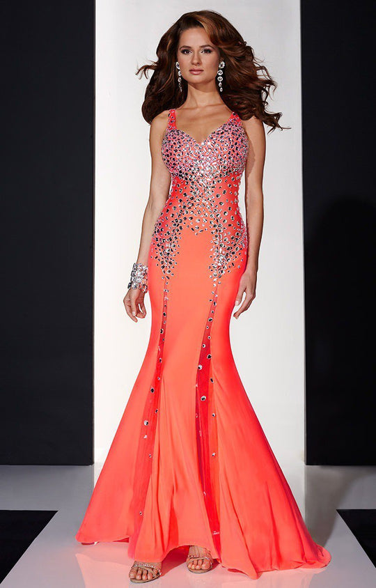Panoply - 14685 Embellished V-neck Mermaid Dress In Orange