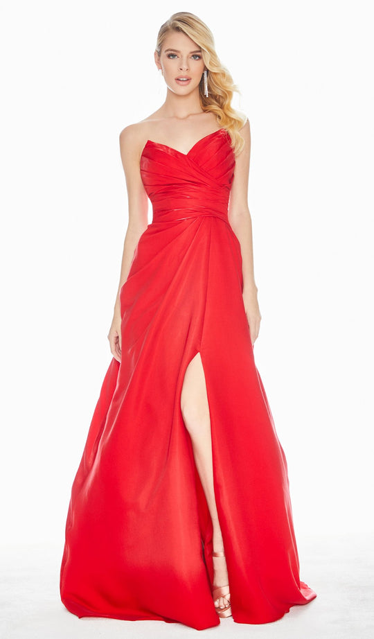 Ashley Lauren - 1470 Pleated Sweetheart A-line Dress With Slit In Red