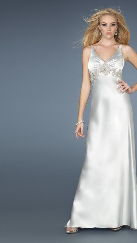 La Femme - Sleeveless V-Neck Empire Waist A-line Gown 14710 In Silver