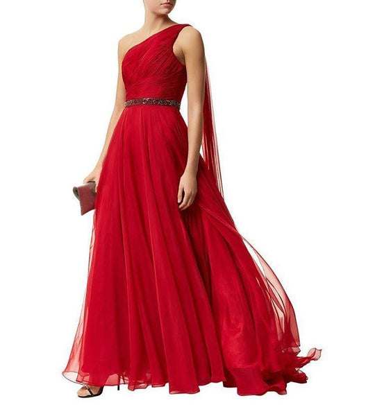 Jovani - Asymmetrical Long Gown with Jeweled Waist in Burgundy 46949 in Red