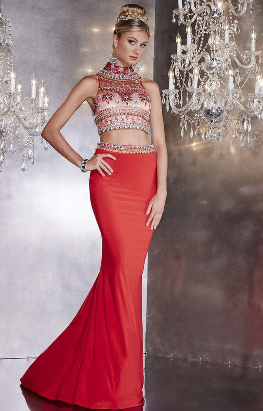 Panoply - Exquisite Beaded Choker Neck Two-piece Jersey Dress 14737 In Red and Multi-Color