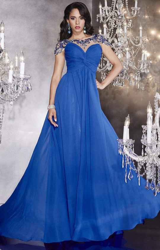 Panoply - Sumptuous Beaded Bateau Neck Silky Chiffon A-line Gown 14738 In Blue