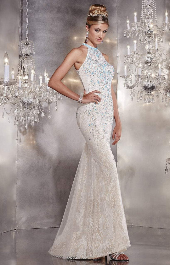 Panoply - Beautiful Choker Neck Laced Trumpet Gown 14739 In White, Green and Neutral