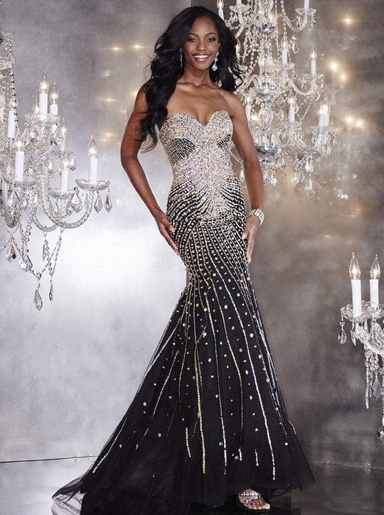 Panoply - Precious Jeweled Sweetheart Trumpet Evening Gown 14740 in Black and Gold