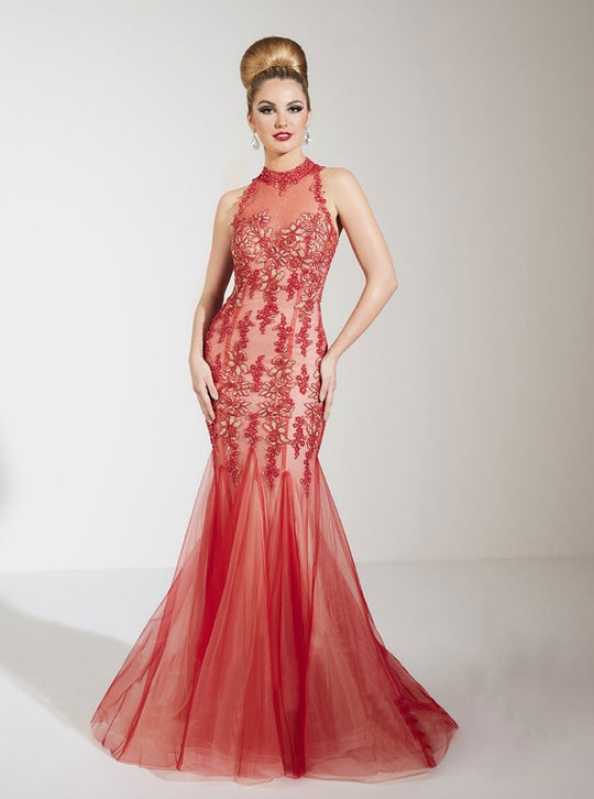 Panoply - Extravagant Choker Neck Tulle and Laced Dress 14745 In Red and Neutral