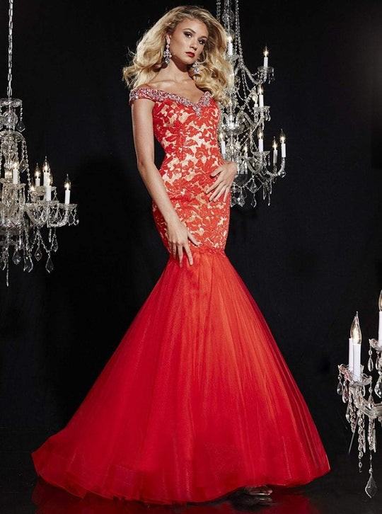 Panoply - Bejeweled Off Shoulder V Neck Trumpet Evening Gown 14752 In Red and Neutral