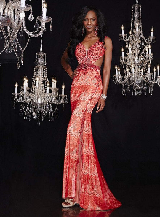 Panoply - Ravishing Bejeweled V-Neck Laced Dress 14754 in Red and Neutral