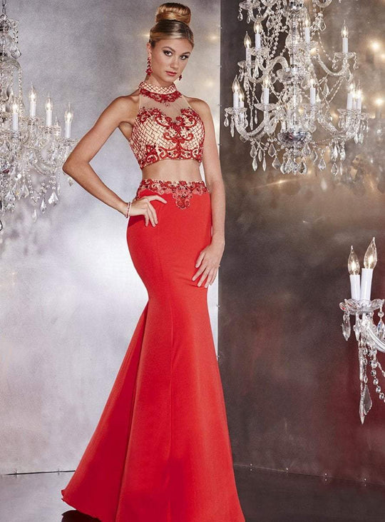 Panoply - Elegant Crew Neck Two-piece Matte Jersey Gown 14756  in Red