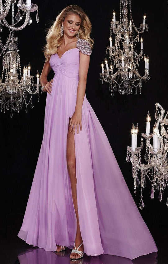Panoply - Sparkling Beaded Capped Sleeves Gathered Bodice Evening Gown 14763 In Purple