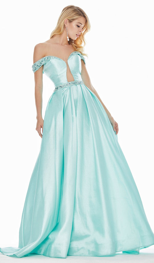 Ashley Lauren - 1476 Beaded Plunging Off-Shoulder Ballgown With Train In Green