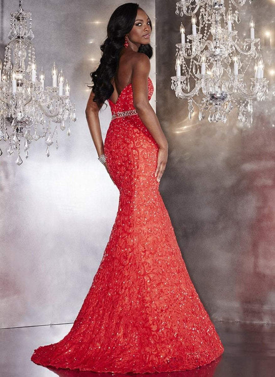 Panoply - 14772 Sequined Laced Sweetheart Trumpet Dress in Red