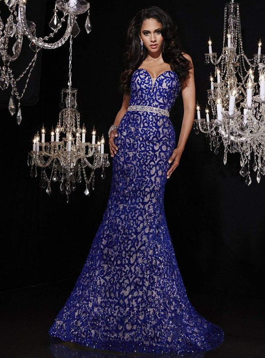 Panoply - Sequined Laced Sweetheart Trumpet Dress 14772 in Blue and Neutral