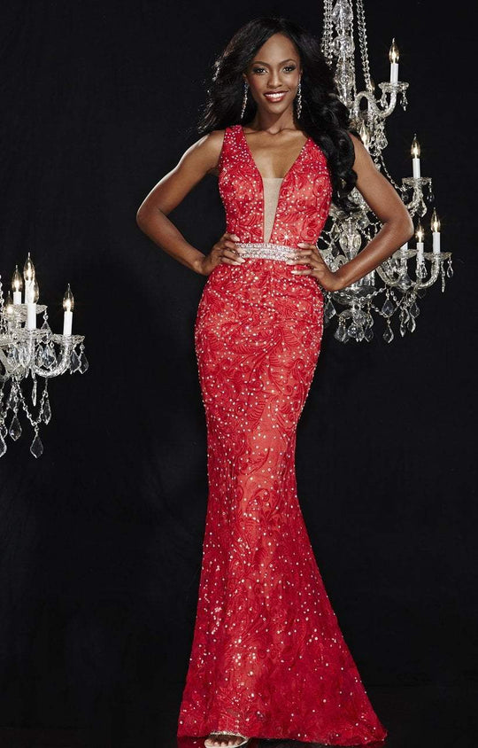 Panoply - Sequined Laced V-Neck Trumpet Dress 14778 in Red