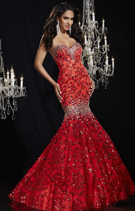 Panoply - Sweetheart Sequined Embellished Evening Gown 14783 In Red