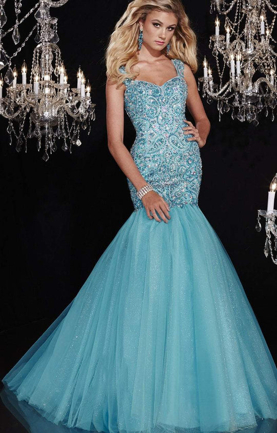 Panoply - Cap Sleeve Beaded Sweetheart Glitter Tulle Mermaid Dress 14787 in Blue