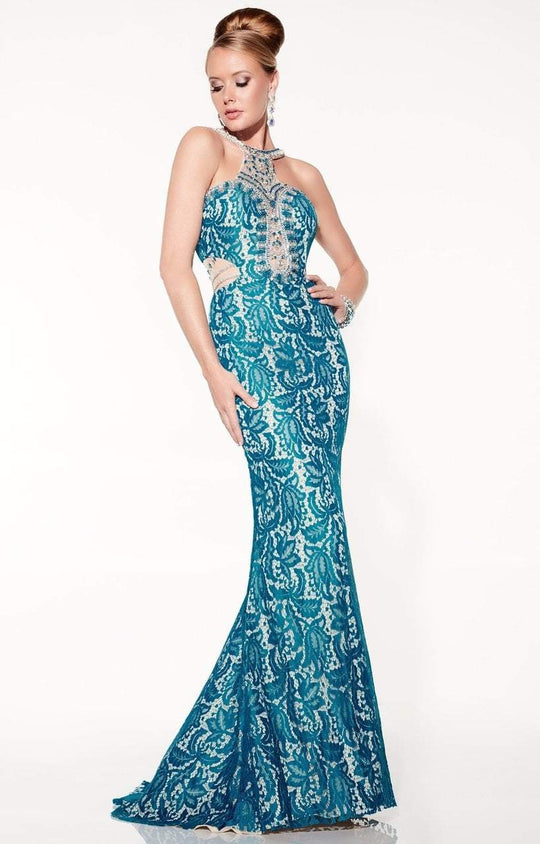 Panoply - Beaded Lace Halter Neckline Long Dress 14832 In Blue and Neutral