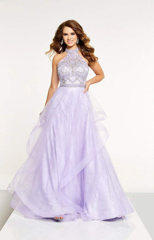 Panoply - 14885 Crystal Embellished High Halter Evening Gown In Purple