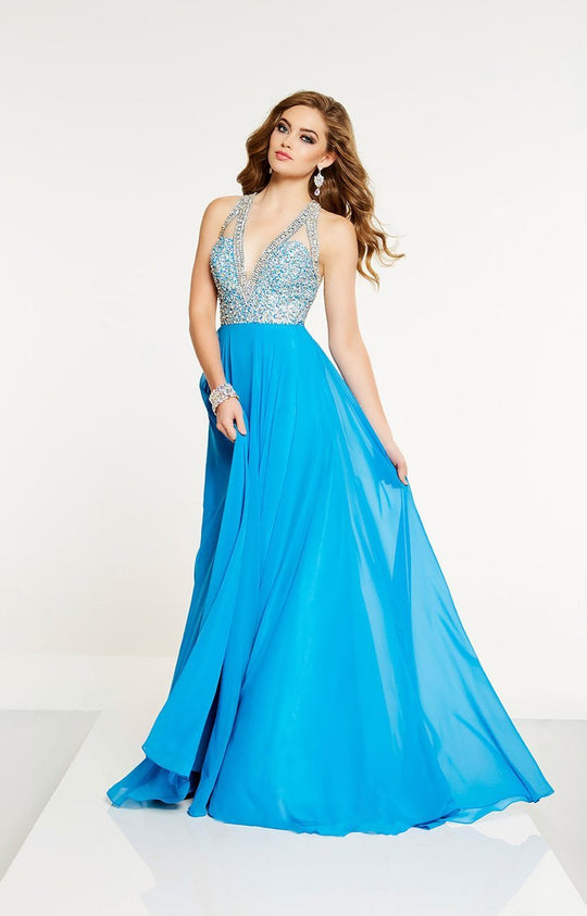 Panoply - 14887 Crystal Ornate Plunge Chiffon A-Line Gown In Blue