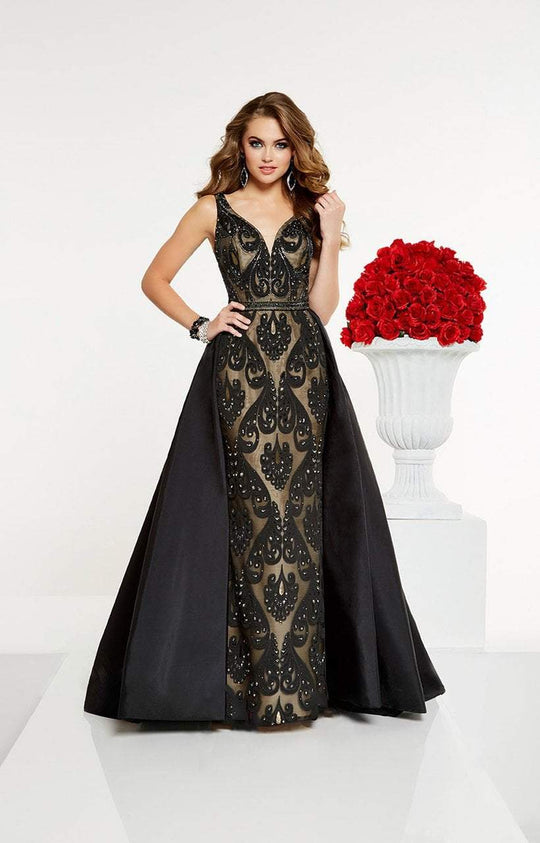 Panoply - 14895 Embroidered Plunging V-Neck Dress with Overskirt In Black and Neutral