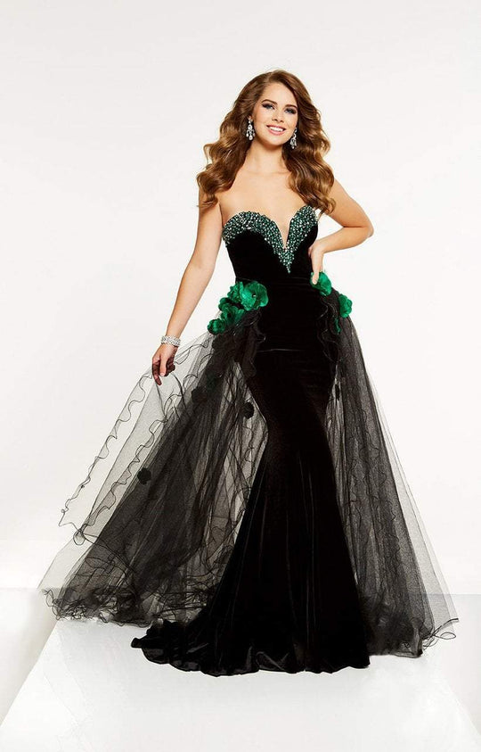 Panoply - 14908 Floral Appliqued Plunging Sweetheart Velvet Gown In Black and  Green