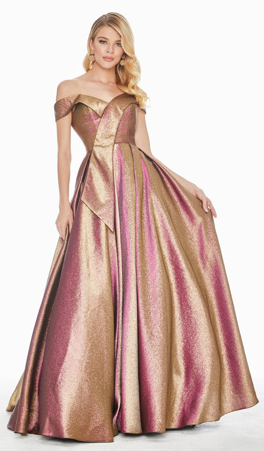 Ashley Lauren - 1490 Two Tone Off-Shoulder Brocade Ballgown In Pink and Gold