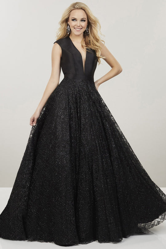 Panoply - 14911 Mikado Deep V-neck Glitter Ballgown In Black