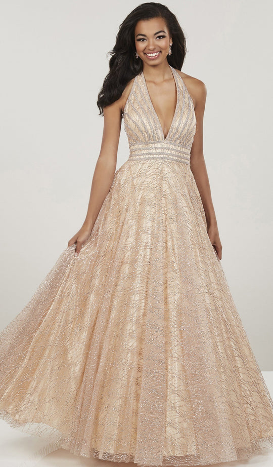 Panoply - 14913 Embellished Deep Halter V-neck Ballgown In Pink