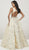Panoply - 14931 Deep V-neck Brocade Pleated A-line Dress In Gold and Gold