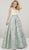 Panoply - 14931 Deep V-neck Brocade Pleated A-line Dress In Green and Gold