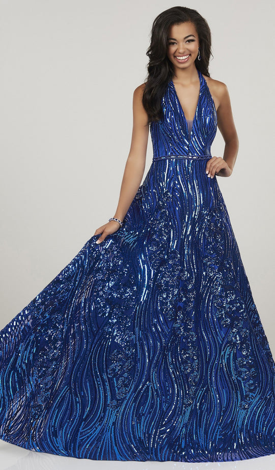 Panoply - 14934 Sequined Deep Halter V-neck A-line Gown In Blue