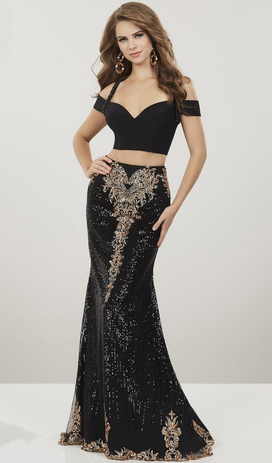 Panoply - 14940 Two Piece Sequined Jersey Trumpet Dress In Black and Gold