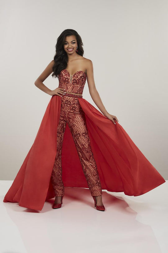 Panoply - 14952 Two Piece Sequined Deep Sweetheart Pantsuit In Red