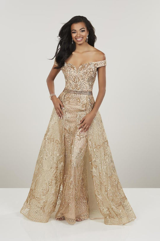 Panoply - Beaded Off-Shoulder Dress With Removable Overskirt 14955  In Gold