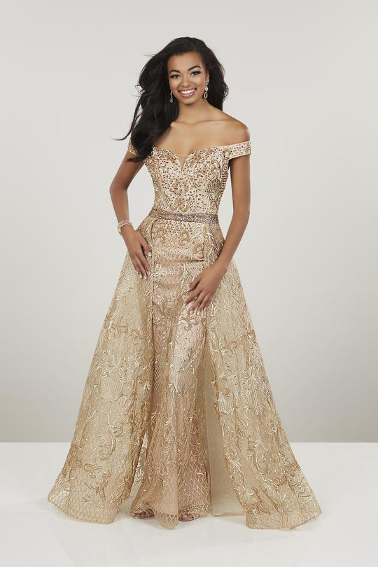 Panoply - 14955 Bedazzled Off-Shoulder Dress With Removable Overskirt In Gold