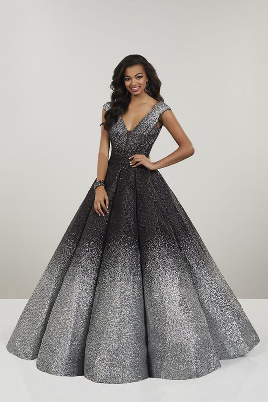 Panoply - 14961  Allover Sequin Round Pleated Ombre Ballgown In Black and Silver