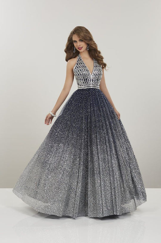 Panoply - 14965 Ombre Beaded Halter V-neck Ballgown In Blue and Silver