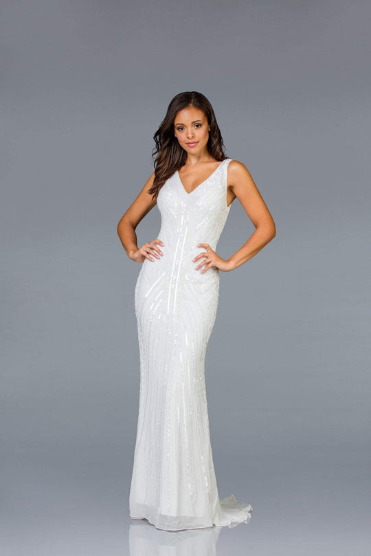 Scala - 48937 Sequined V-neck Trumpet Dress In White