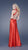 La Femme - 15037 Brooch-Embellished Plunging V-Neck Satin A-Line Gown in Red