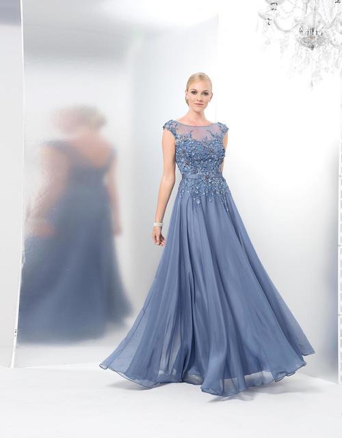 Marsoni by Colors - M116 Romantic Lace Illusion Evening Gown in Blue