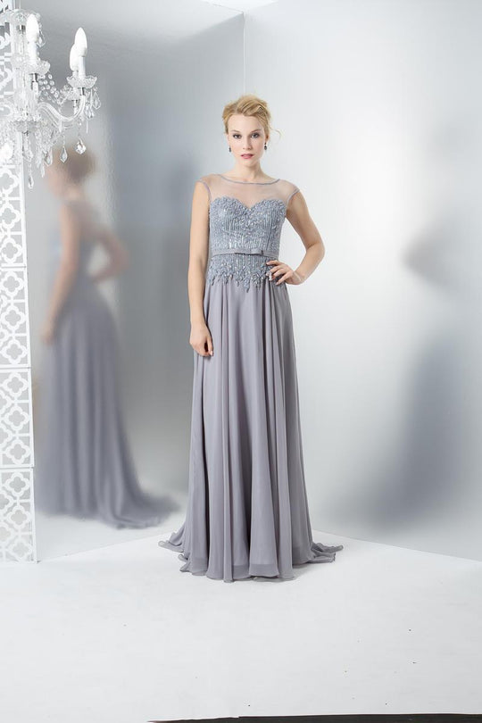 Marsoni by Colors - M103 Embellished A Line Dress with Bow Band In Silver Gray